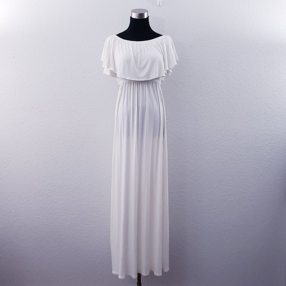 Pinkblush Off Shoulder Ivory  Ruffle Trim Maternity Maxi Dress - Picture 4 of 12